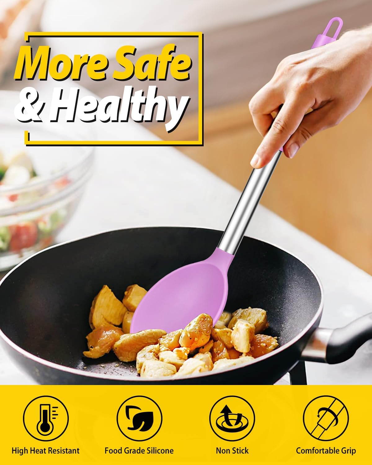 Pack of 2 Large Silicone Cooking Spoon Non Stick Solid Basting Spoons Heat-Resistant Kitchen Utensils for Mixing Serving (Pink-Purple)