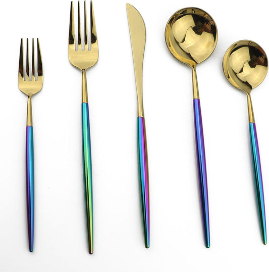 5-Piece Coloful Rainbow Handle Gold Flatware Set, Mirror 18/10 Stainless Steel, Service for 1