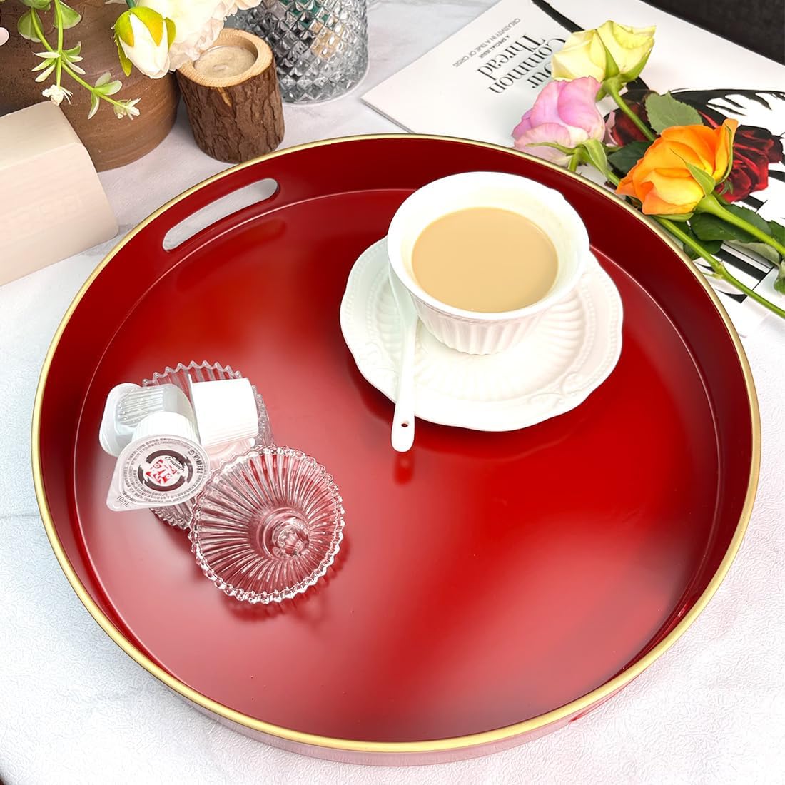 Red Decorative Tray, Serving Tray with Handles, Round Decorative Tray for Coffee Table, 13 Inch Plastic Tray for Ottoman, Living Room, Bathroom, Home Decor.