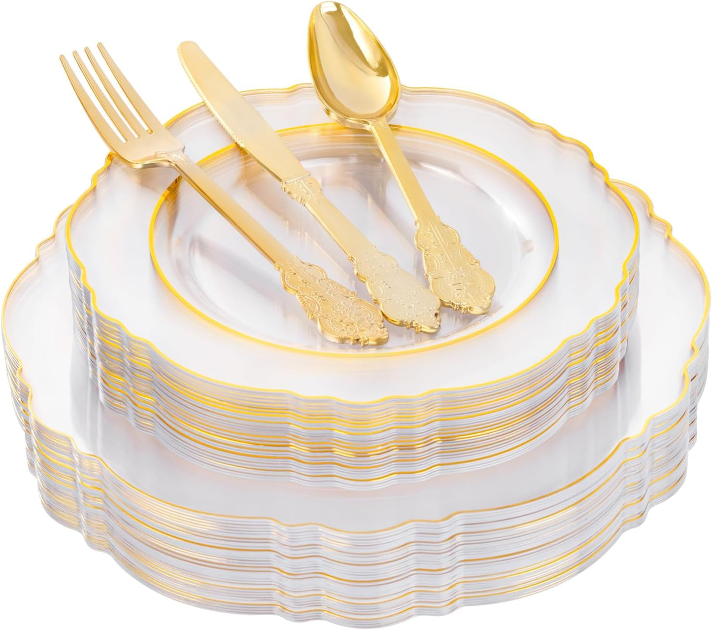 YOUBET 125PCS Thanksgiving Plastic Plates - Clear Gold Disposable Plates - 25 Guests Baroque Plastic Dinnerware Includes 25Dinner Plates, 25Dessert Plate, 75Silverware for Thanksgiving Party & Wedding