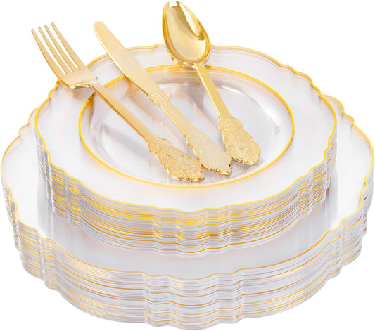 YOUBET 125PCS Thanksgiving Plastic Plates - Clear Gold Disposable Plates - 25 Guests Baroque Plastic Dinnerware Includes 25Dinner Plates, 25Dessert Plate, 75Silverware for Thanksgiving Party & Wedding