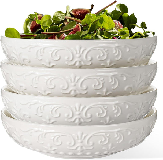 Pasta Bowls, 32oz Salad Bowls Set of 4, White Ceramic Soup Bowls 8 Inch Embossment Large Serving Bowl Wide and Shallow Bowls for Kitchen, Microwave & Dishwasher Safe (Brocade Flower)