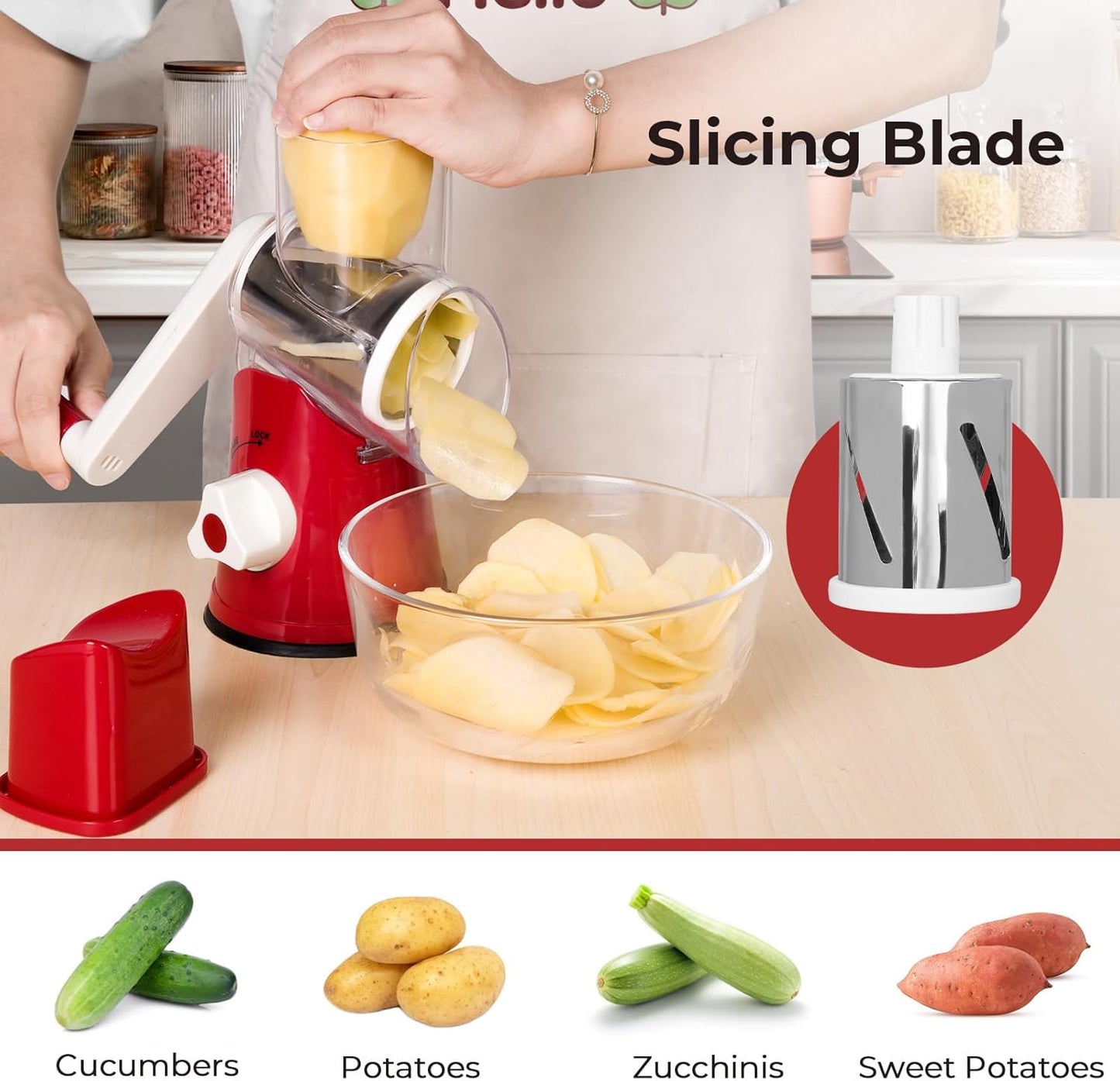 X Home Rotary Cheese Grater for Kitchen, Shredder with 3 Interchangeable Blades, Rotary Grater with Handle and Strong Suction Base, for Vegetables, Fruit, Nuts, Easy to Use and Clean, Red