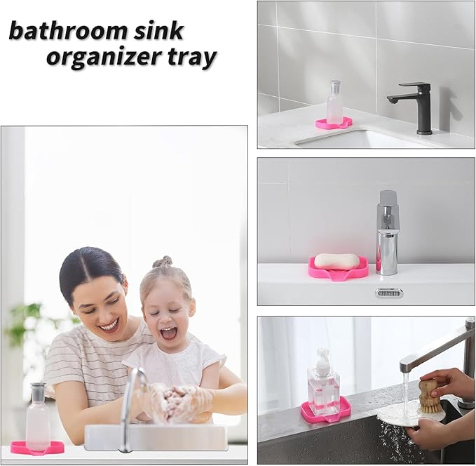 Silicone Bathroom Soap Dishes with Drain Spout-Bathroom and Kitchen Sink Organizer,Sponge Holder,Dish Soap Tray,Perfect for Dispenser,Scrubber,Bottle,Cup on Sink or Counter-Rose 4.9"×3.2"
