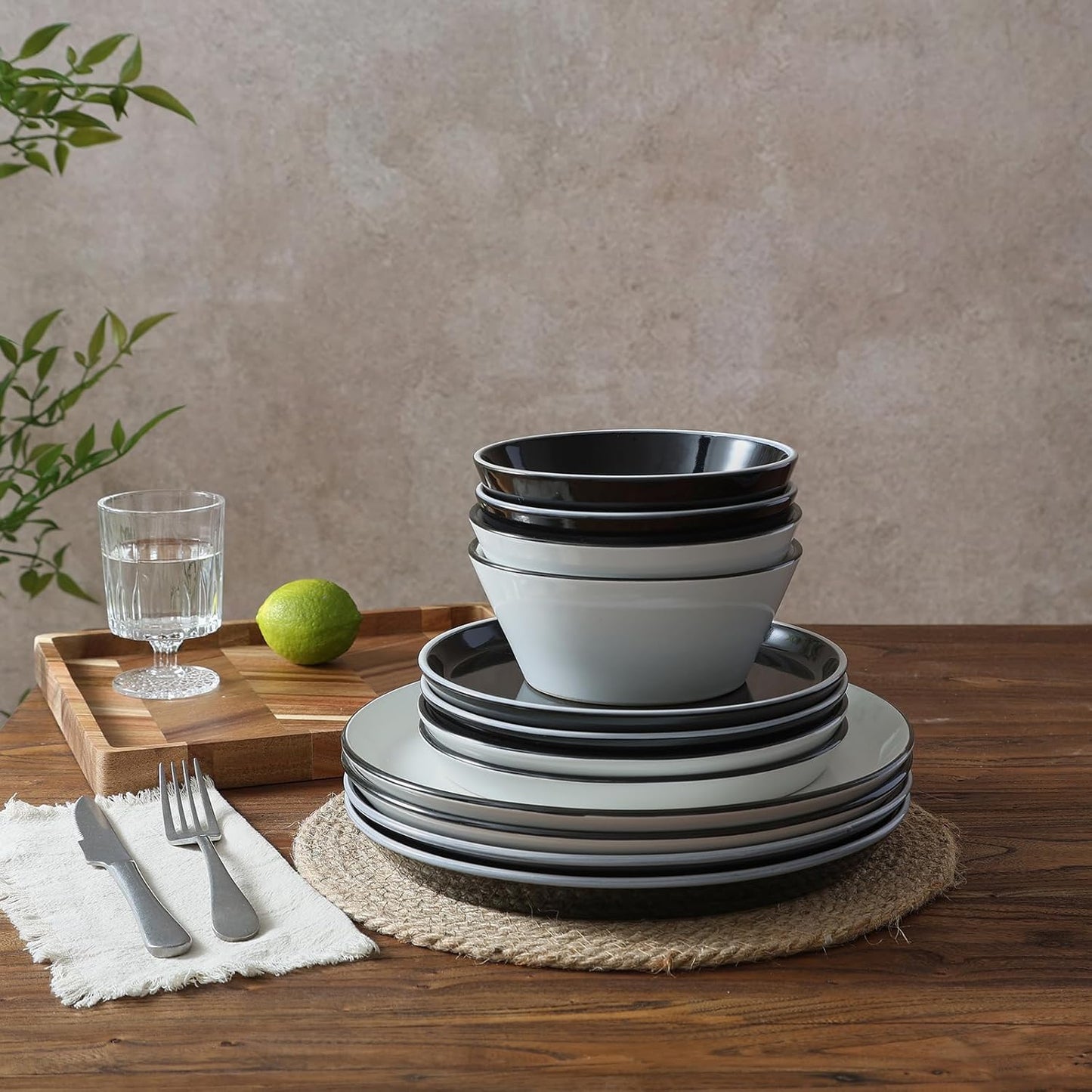 Famiware Saturn Dinnerware Sets, Plates and Bowls Sets for 4, 12 Pieces Stoneware Dish Set - Chip and Scratch Resistant, Microwave and Dishwasher Safe Tableware Set, Black and White with Rim