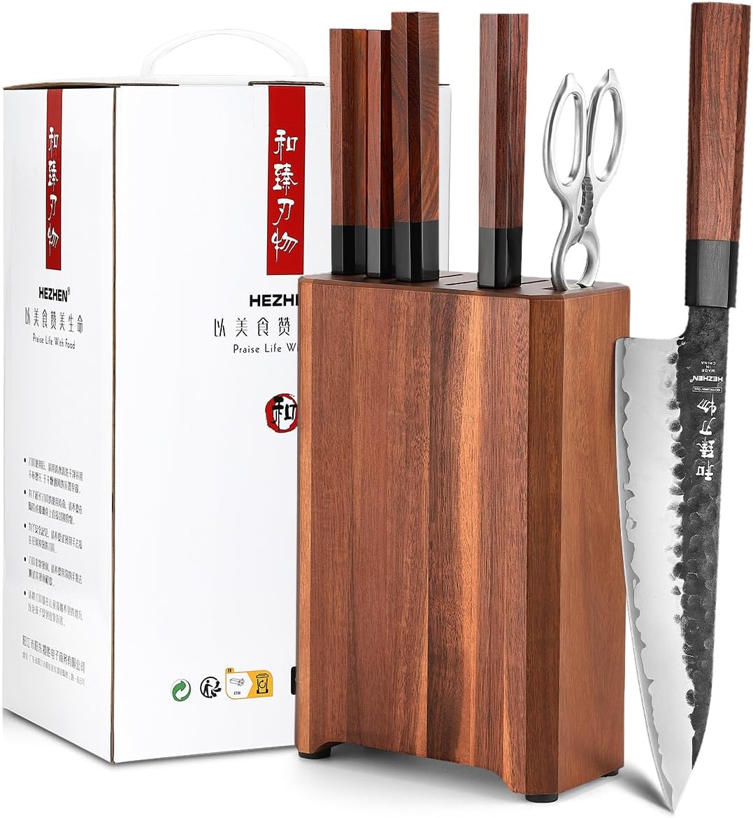 HEZHEN Knife Blocks Kitchen Knife Set, Chef Couteaux Set Kitchen Knives, Japanese Style Santoku Knife, Kitchen Scissors Acacia Wood Knife Block