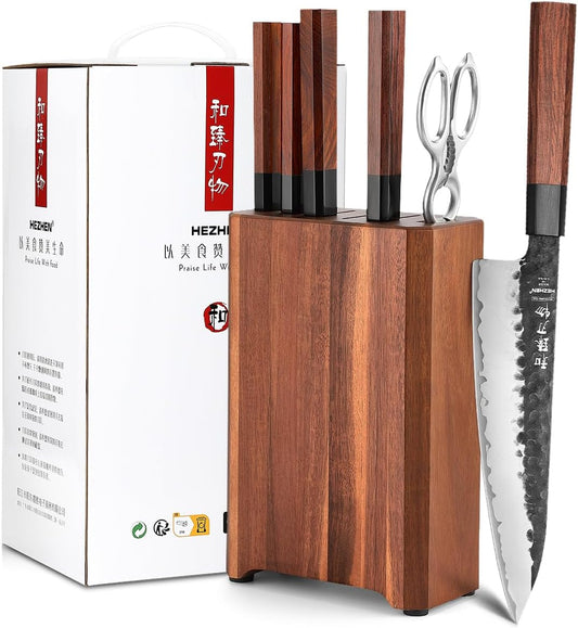 HEZHEN Knife Blocks Kitchen Knife Set, Chef Couteaux Set Kitchen Knives, Japanese Style Santoku Knife, Kitchen Scissors Acacia Wood Knife Block