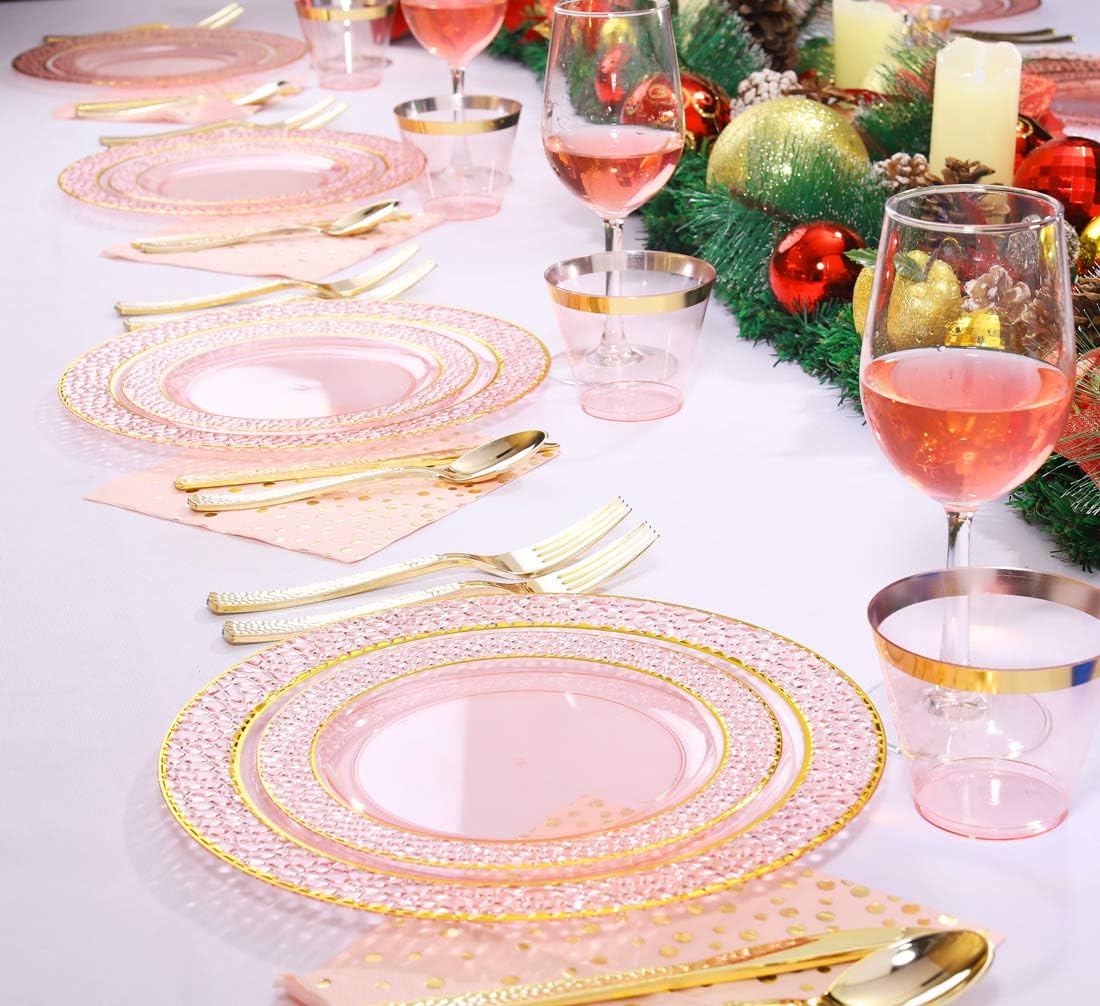 Nervure 175PCS Pink and Gold Plastic Plates - Pink Disposable Plates : 25 Dinner Plate,25 Dessert Plate, 25 Forks,25 Knives, 25 Spoons, 25 Cups,25 Napkins for Wedding & Party