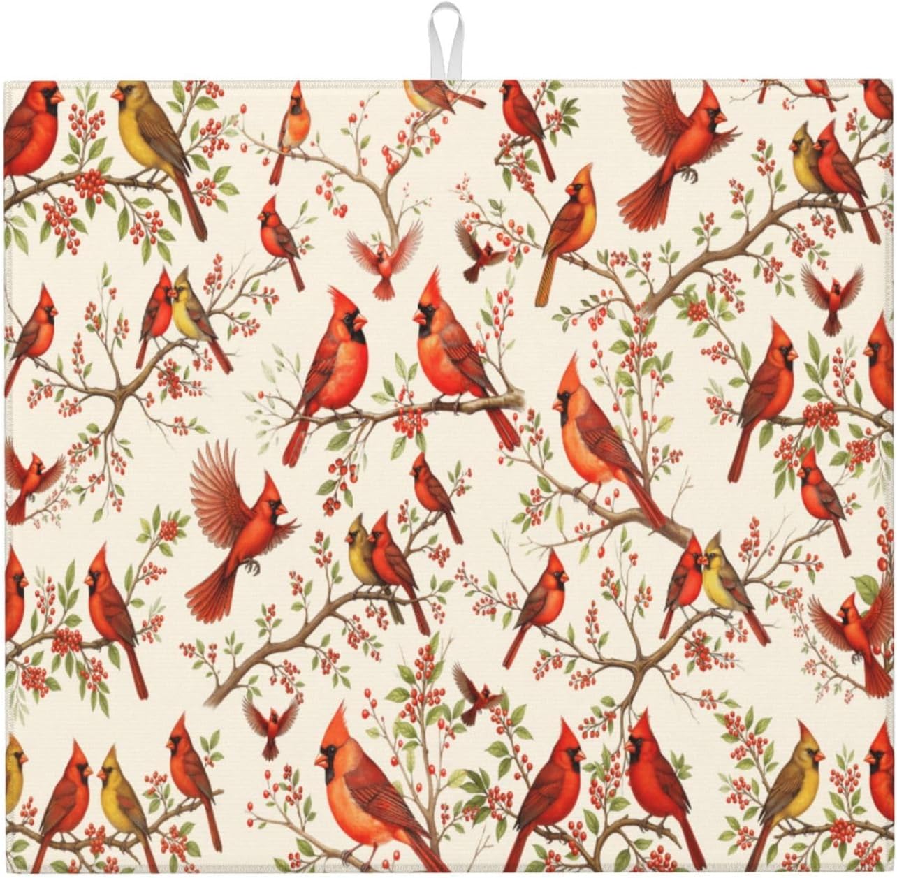 Red Cardinal Bird Floral Dish Drying Mat for Kitchen Counter & Sink, Absorbent Microfiber Christmas Cardinal Drying Pad for Dishes, Foldable Kitchen Mat for Dining Area, Christmas Gifts, 16" x 18" Red