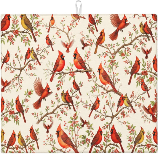 Red Cardinal Bird Floral Dish Drying Mat for Kitchen Counter & Sink, Absorbent Microfiber Christmas Cardinal Drying Pad for Dishes, Foldable Kitchen Mat for Dining Area, Christmas Gifts, 16" x 18" Red