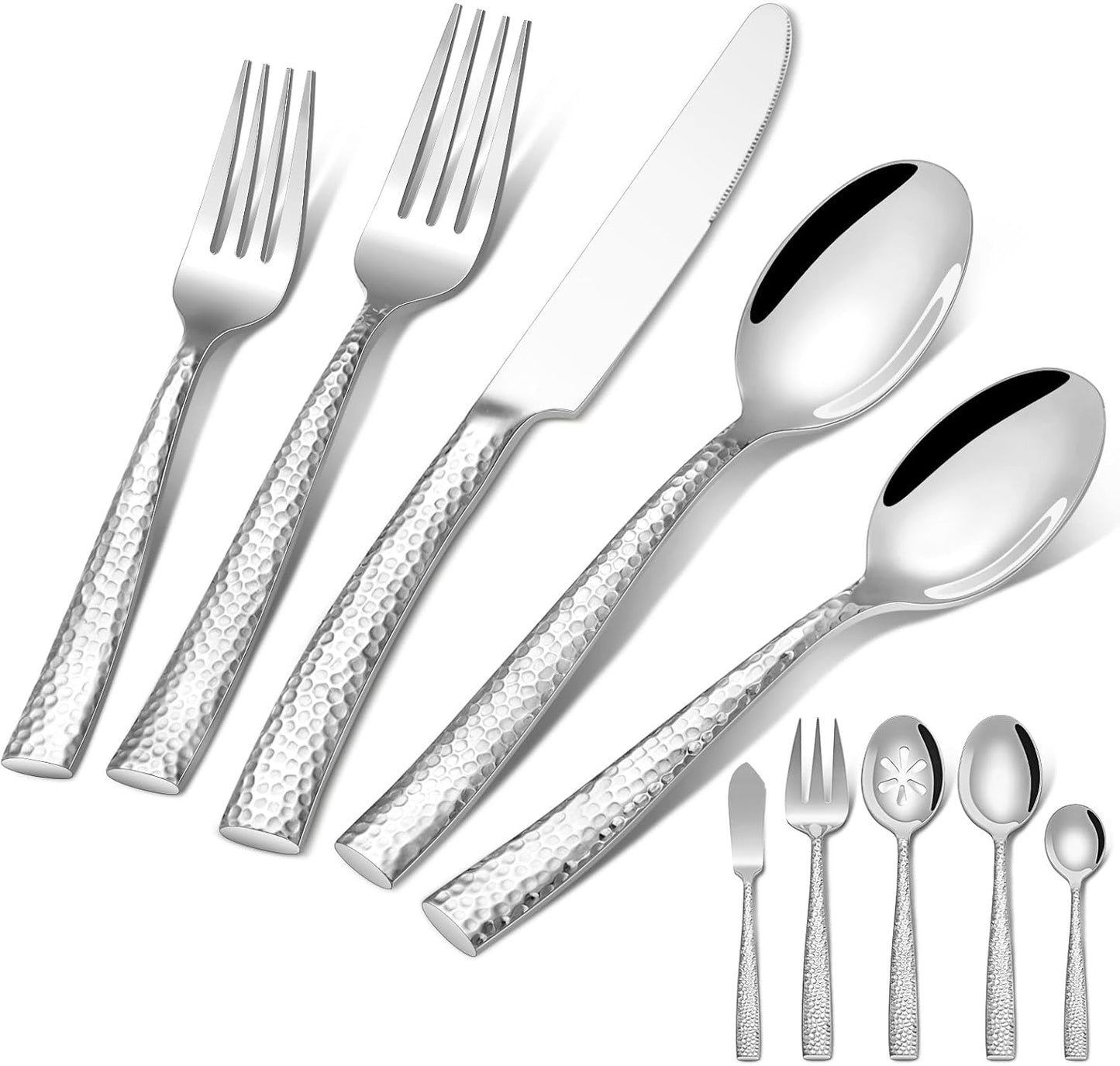 45-Piece Silverware Set with Serving Utensils, Ollex Durable Stainless Steel Hammered Flatware Set for 8 with Knives Forks Spoons Large Serving utensil Set for Home Restaurant, Dishwasher Safe