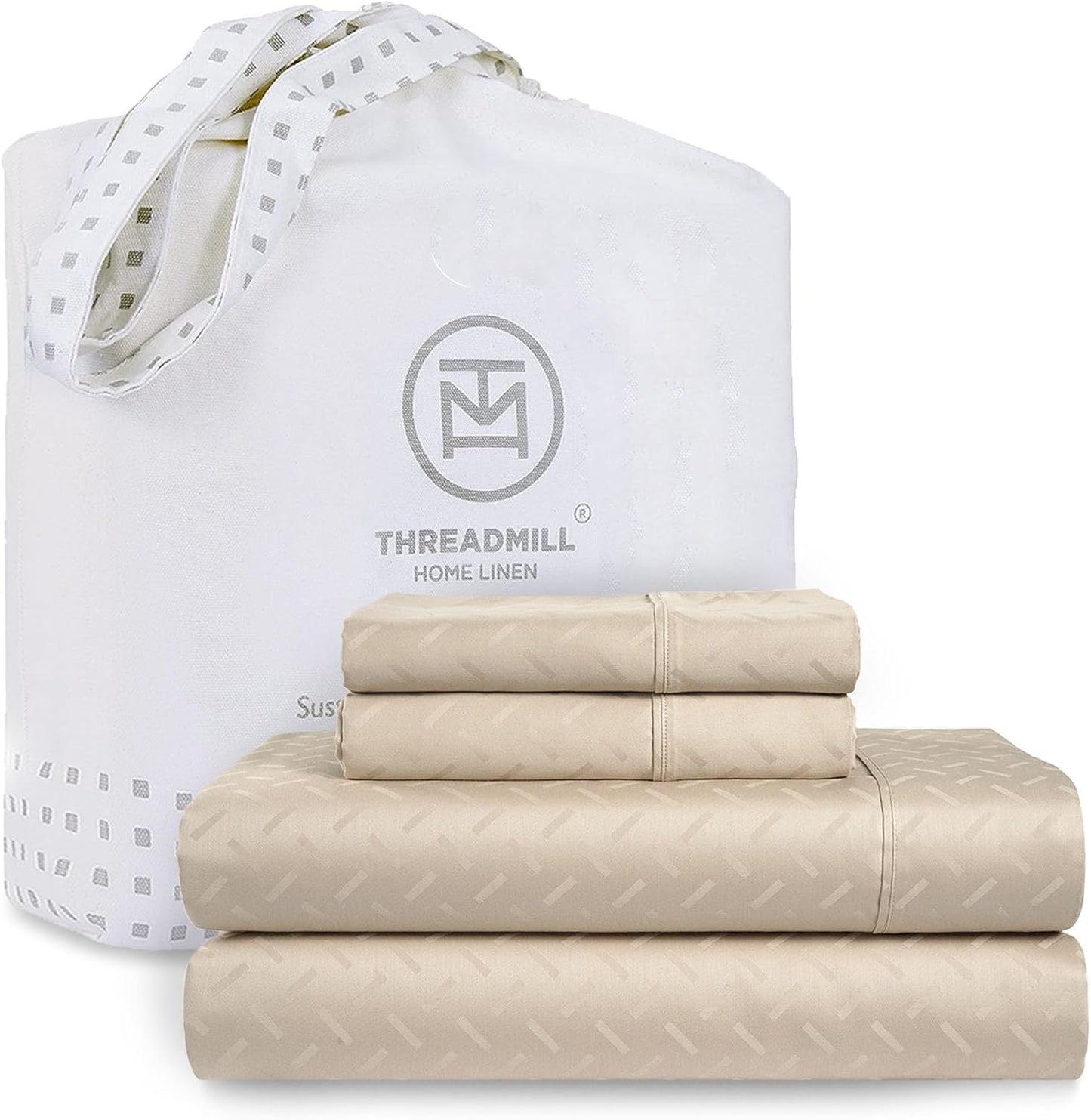 300 Thread Count Jacquard Astra Light Beige Queen Sheet Set - 100% Cotton Breathable Silky Soft Damask Sheets - 4 Pc Bed Sheet Set Elasticized Deep Pockets - Wrinkle Free Bedding Sheets by Threadmill