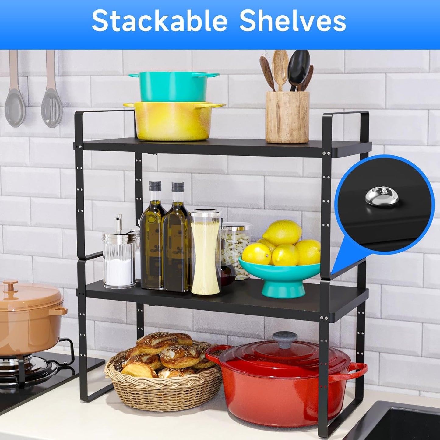 Expandable Cabinet Shelf Organizer, Stackable Kitchen Pantry Counter Storage, Adjustable Closet Cupboard Stand Rack Risers Spice Organization 80LBS Heavy Duty Black Large 1 Pack