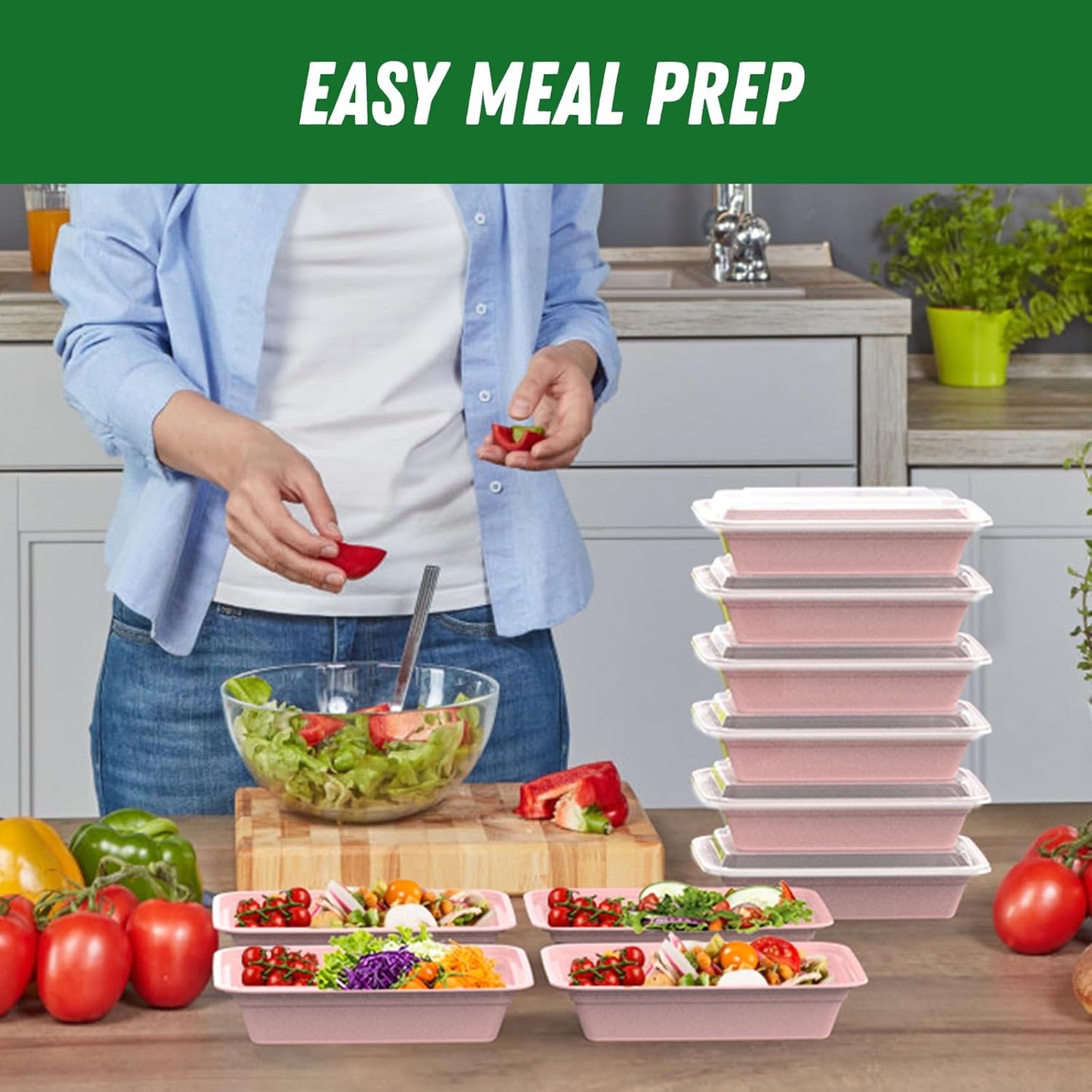 50 Pack (100-Piece) 32 oz Meal Prep Containers Reusable with Easy Open Lids, Sturdy Leakproof Food Safe, Microwave Freezer Dishwasher Safe, To Go Take Out Plastic Food Storage Pans with Lids, Pink