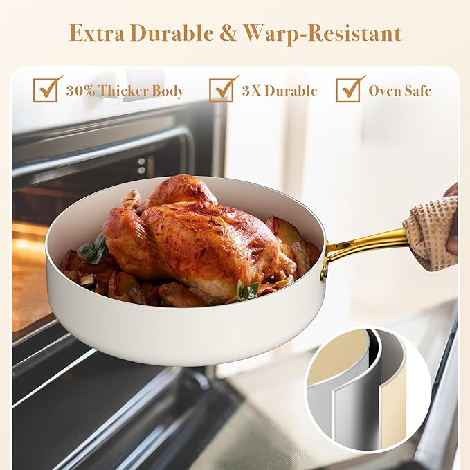 PekGema Ceramic Cookware Set 15-Pieces, Pots and Pans Set Non Stick, Oven Safe Non Toxic, Kitchen Cookware Set, PFOA PTFE FREE, Gold White