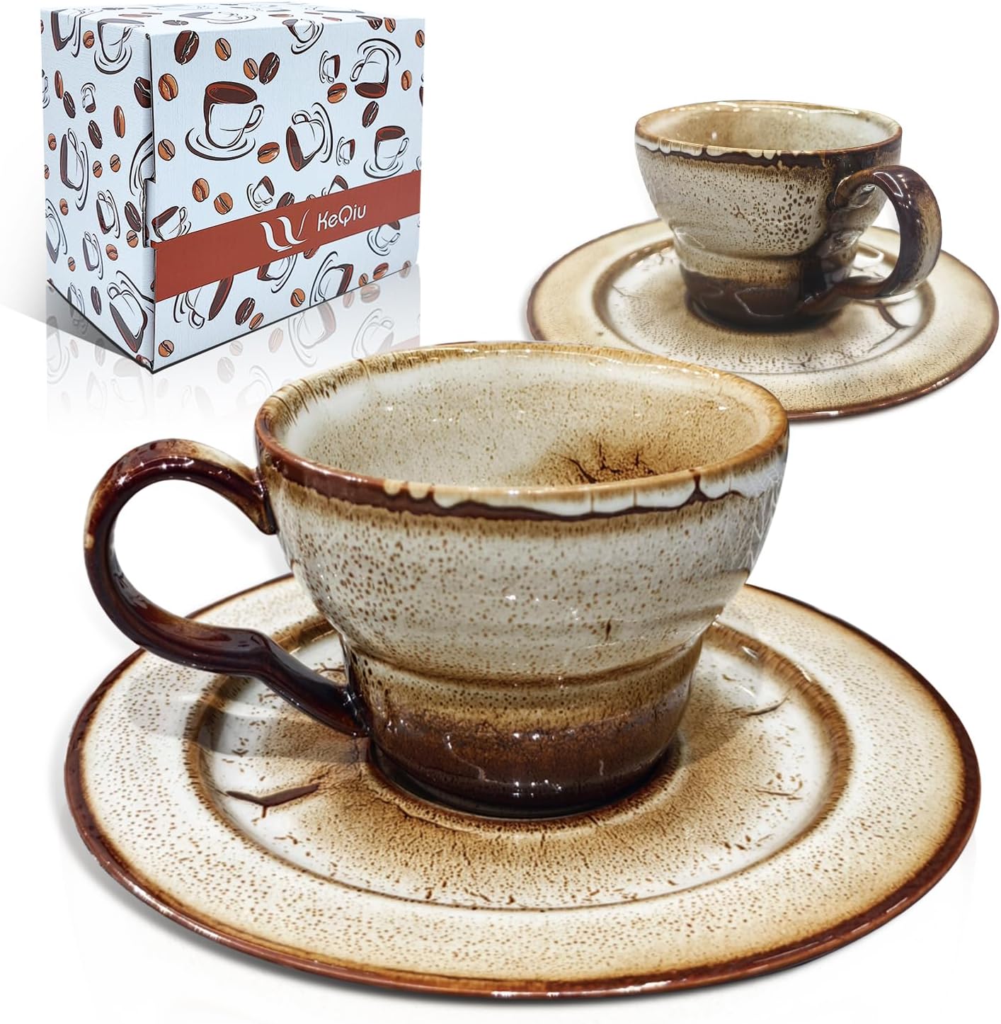Latte Art Coffee Cup Set of 2 with Saucers - 8.5oz Ceramic Mugs for Cappuccino, Espresso & Tea - Microwave & Dishwasher Safe - Perfect Holiday Gift for Father's Day, Birthday, Housewarming