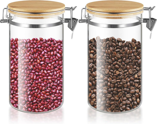 Set Of 2 Glass Jar With Bamboo Lids Empty Food Storage Jars With Locking Clamp Kitchen Canisters Glass Sealed Jar Container For Coffee Beans Sugar Tea Spices And More (1250ml/41.7oz)