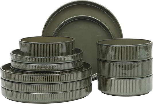 Gibson Elite 12 Piece (Service for 4) Townscape Plates and Bowls Reactive Glaze Embossed Round Dishes Terracotta Ceramic Dinnerware Set - Dark Green