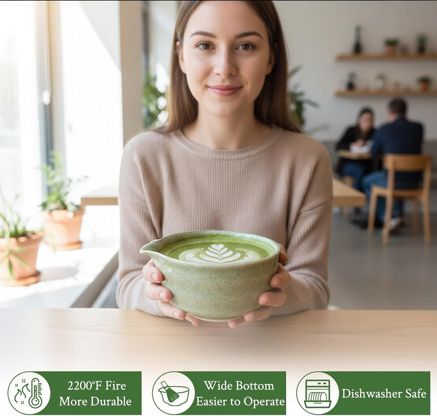 Matcha Whisk Set - Ceramic Matcha Set Includes Matcha Bowl, Whisk and Holder, Bamboo Scoop, Scoop Rest, Sifter and Tea Towel - 7 Pcs Ceremonial Gift Kit for Matcha Lovers (Pure Green)