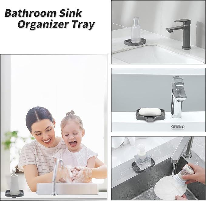 Silicone Bathroom Soap Dishes with Drain Spout-Bathroom and Kitchen Sink Organizer,Sponge Holder,Dish Soap Tray,Perfect for Dispenser,Scrubber,Bottle,Cup on Sink or Counter-Grey 4.9"×3.2"