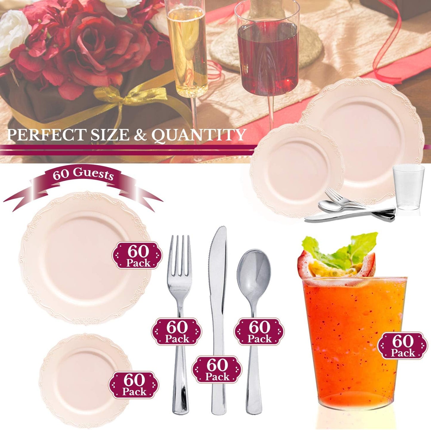 Elegant Plastic Plates, Disposable Dinnerware Sets, Plastic Dinner Plates, Disposable Plates for Party, Disposable Plastic Plates, Party Plates (Pink, Wedding Value Set (60 Guests))