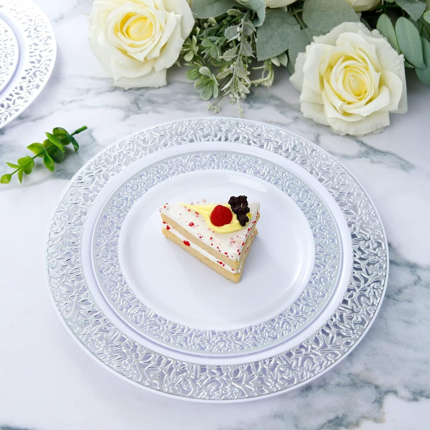 WDF 25Guest Silver Plastic Plates with Disposable Plastic Silverware &Silver Rim Cups- Include 25 Dinner Plates, 25 Salad Plates,25 Forks, 25 Knives, 25 Spoons&25 Cups for Christmas