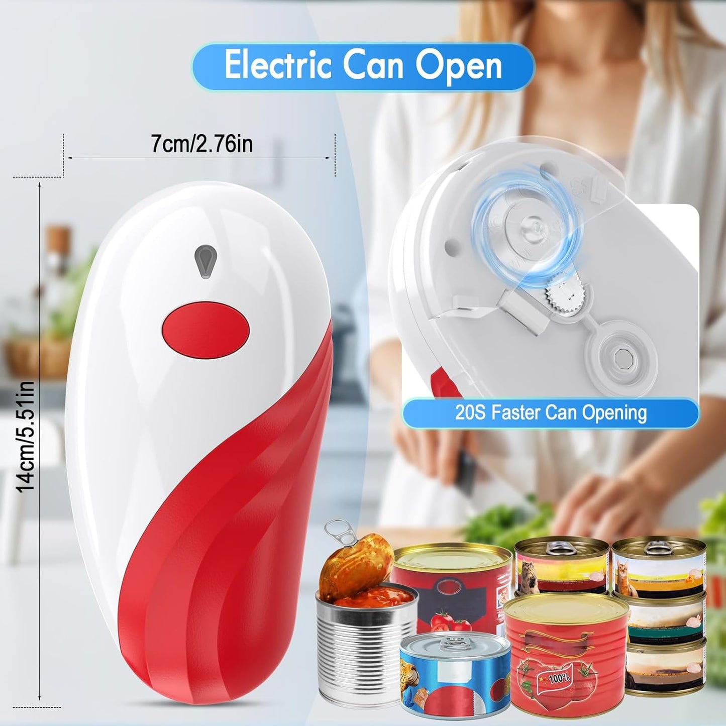 HuiJuKeJi Electric Can Opener, One-Touch Automatic Can Opener for Seniors with Arthritis, Rechargeable Hands-Free Can Opener for Almost Can Sizes, Smooth Edge & Food-Safe Kitchen Gadgets-Red