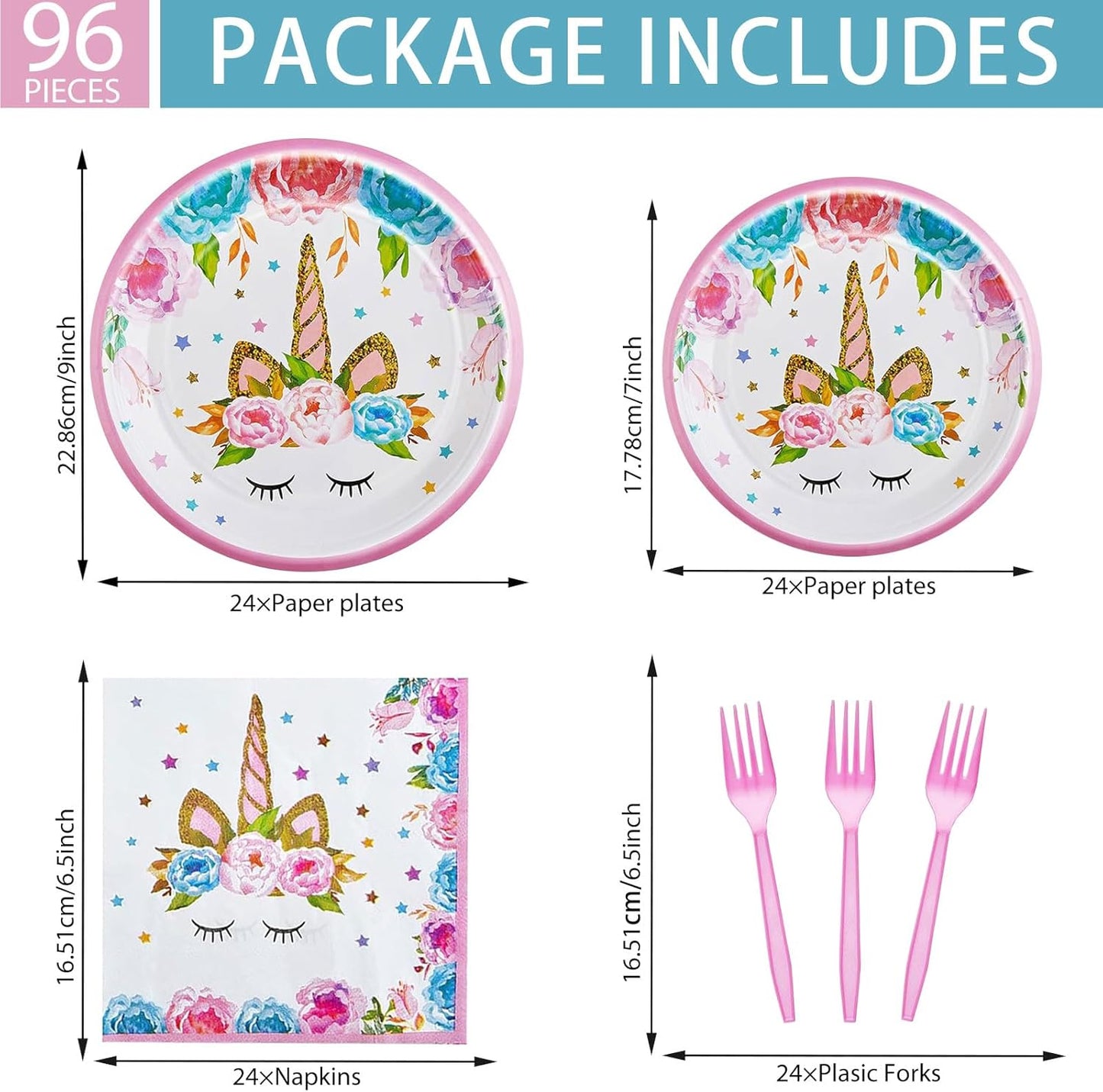 DTDO 96 Pcs Unicorn Party Plates and Napkins Set Include Magical Unicorn Paper Plate Napkins Black Forks, Disposable Hourse Themed Birthday Dinnerware for Girls Birthday Decorations, Serves 24
