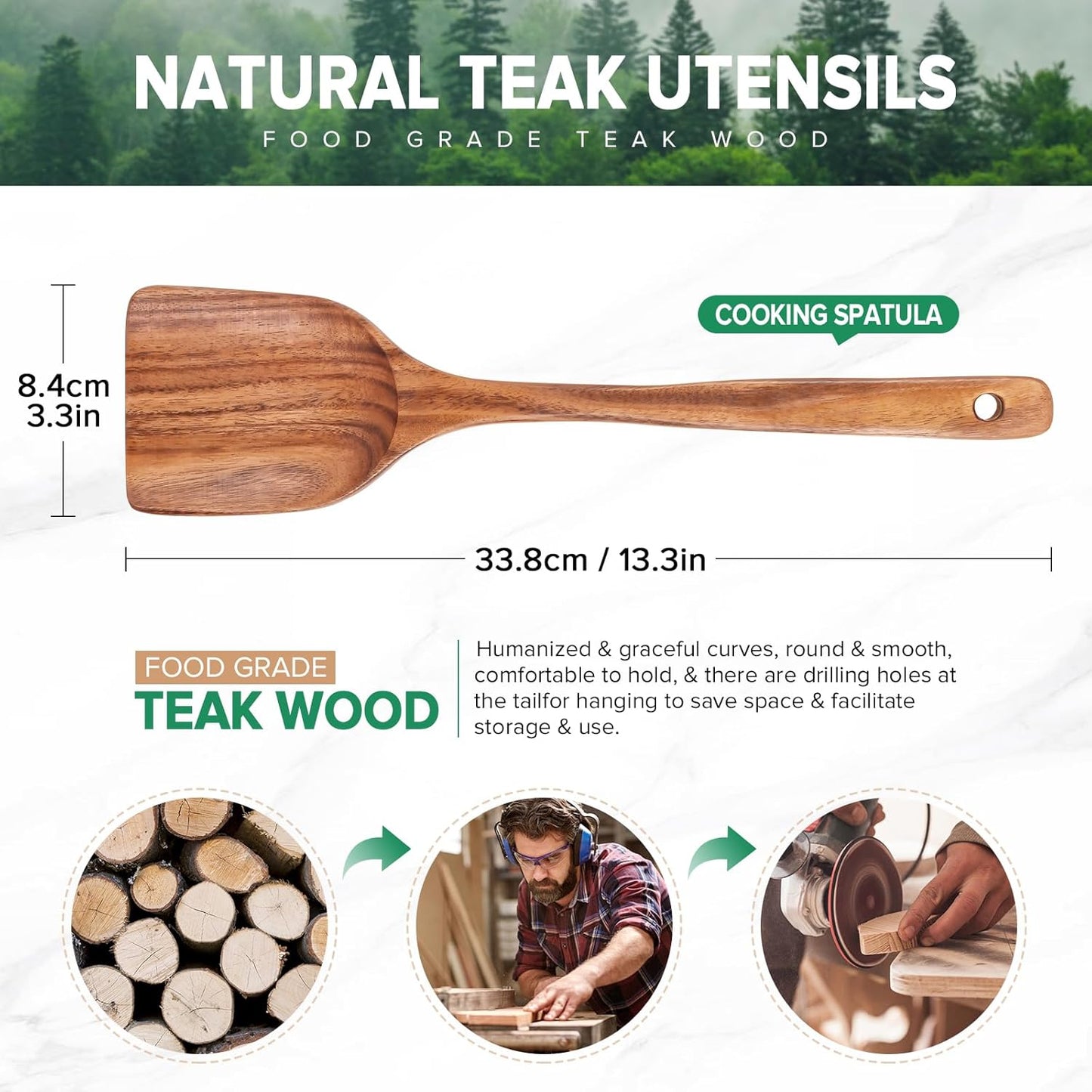 Teak Wood Spatula for Cooking, Wooden Kitchen Cooking Utensil, Large Long Handle Solid Wok Spatula Flipper with Raised Sides for Serving Scooping Frying Mixing Stirring Eggs Beans,Non-Toxic,13.4″,1Pk