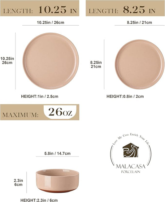 MALACASA Plates and Bowls Sets, 24 Pieces Modern Ceramic Dinnerware Set for 8 Kitchen Dinner Set Stoneware Dishware Dishes Set Microwave and Dishwasher Safe, Pink, Series TARA