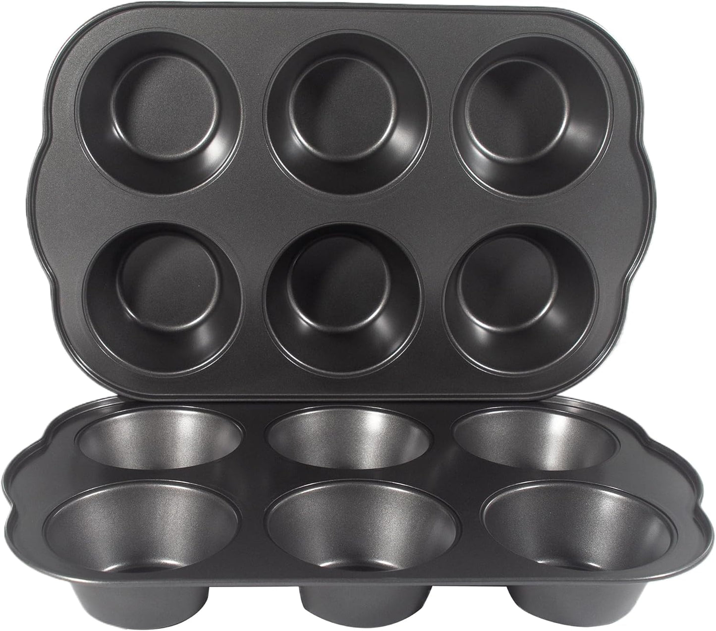 Non-Stick Jumbo Muffin Pans, 3.5" 6-Cup Set of 2 Baking Pans, Heavy Duty Carbon Steel Tins for Extra-large Muffins & Cupcakes