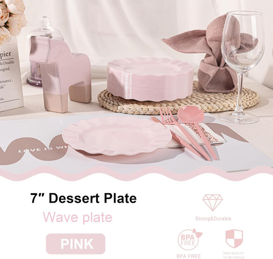72 Pack Pink Plastic Plates, 7" Disposable Wave Salad/Dessert Plates Elegant Heavy Duty Plate for Party, Wedding, Thanksgiving, Christmas