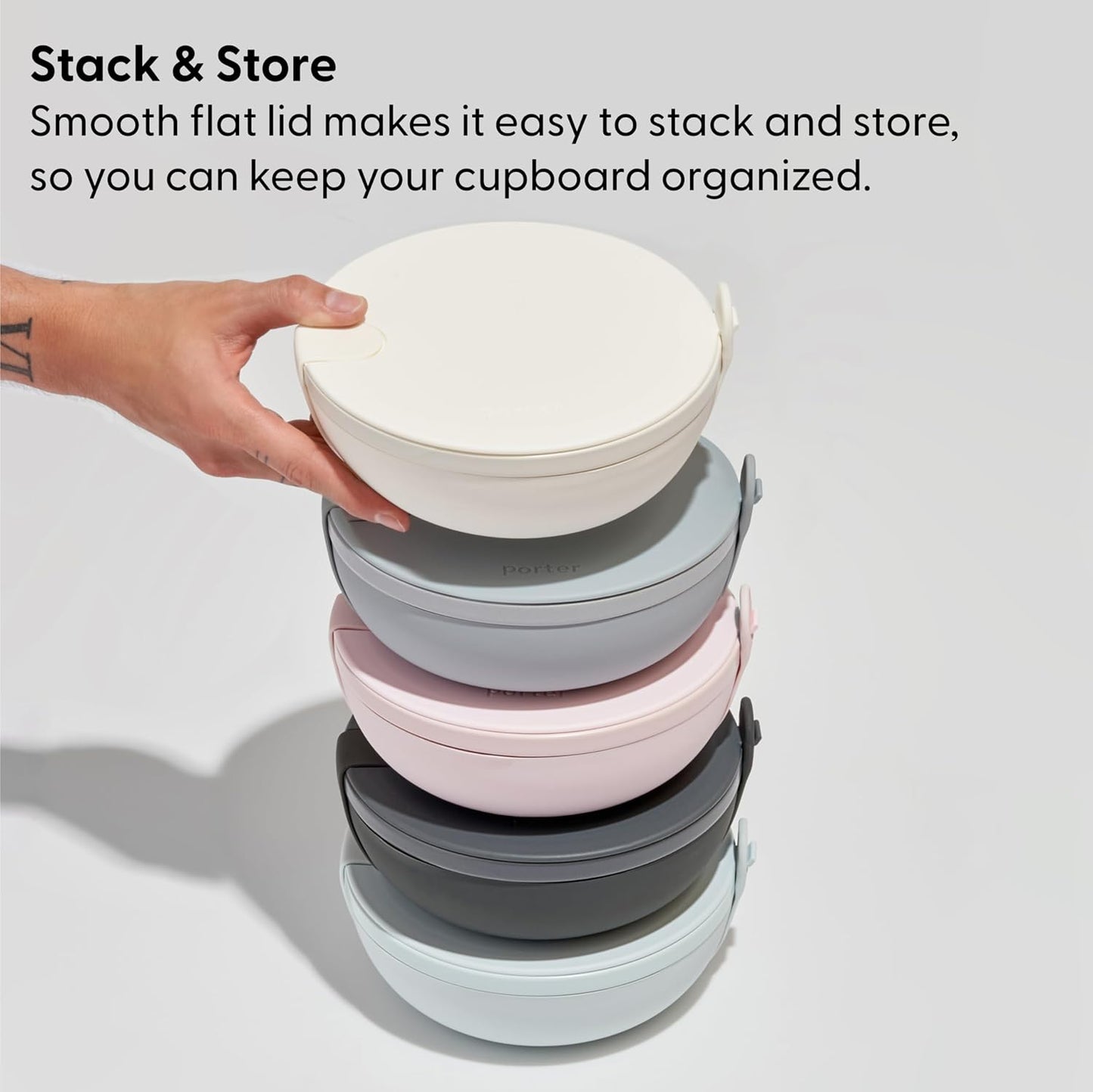 W&P Porter Ceramic Bowl Lunch Container w/ Protective Non-slip Exterior, Charcoal 1 Liter | Lid & Snap-tight Silicone Strap | Food Storage, Bento Box, Meal Prep | BPA-Free Ceramic