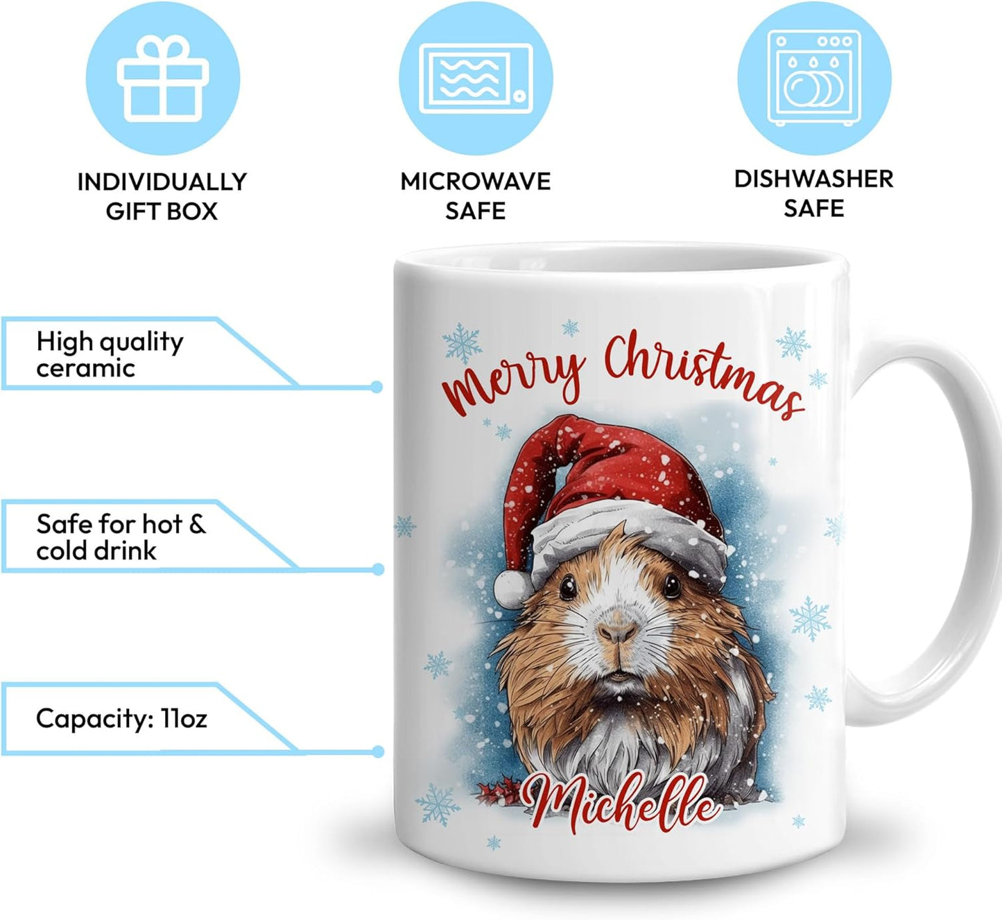 Hyturtle Personalized Gifts Guinea Pig Lover - Guinea Pig Wearing Santa Hat Custom Name Ceramic Coffee Mug Cup 11oz - Cute Animal Lovers Gifts For Women, Girl kids Family On Birthday, Christmas