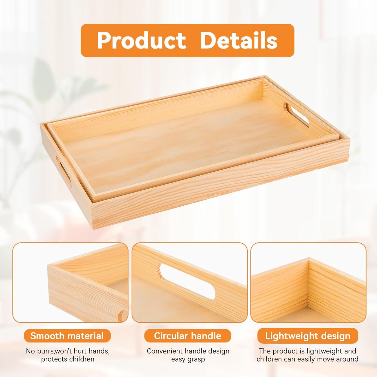 Wooden Serving Trays with Handle - 2 Pieces Unfinished Wood Nested Breakfast Food Serving Trays for Craft Kids Montessori Snacks Home Decor Kitchen Party Dinner