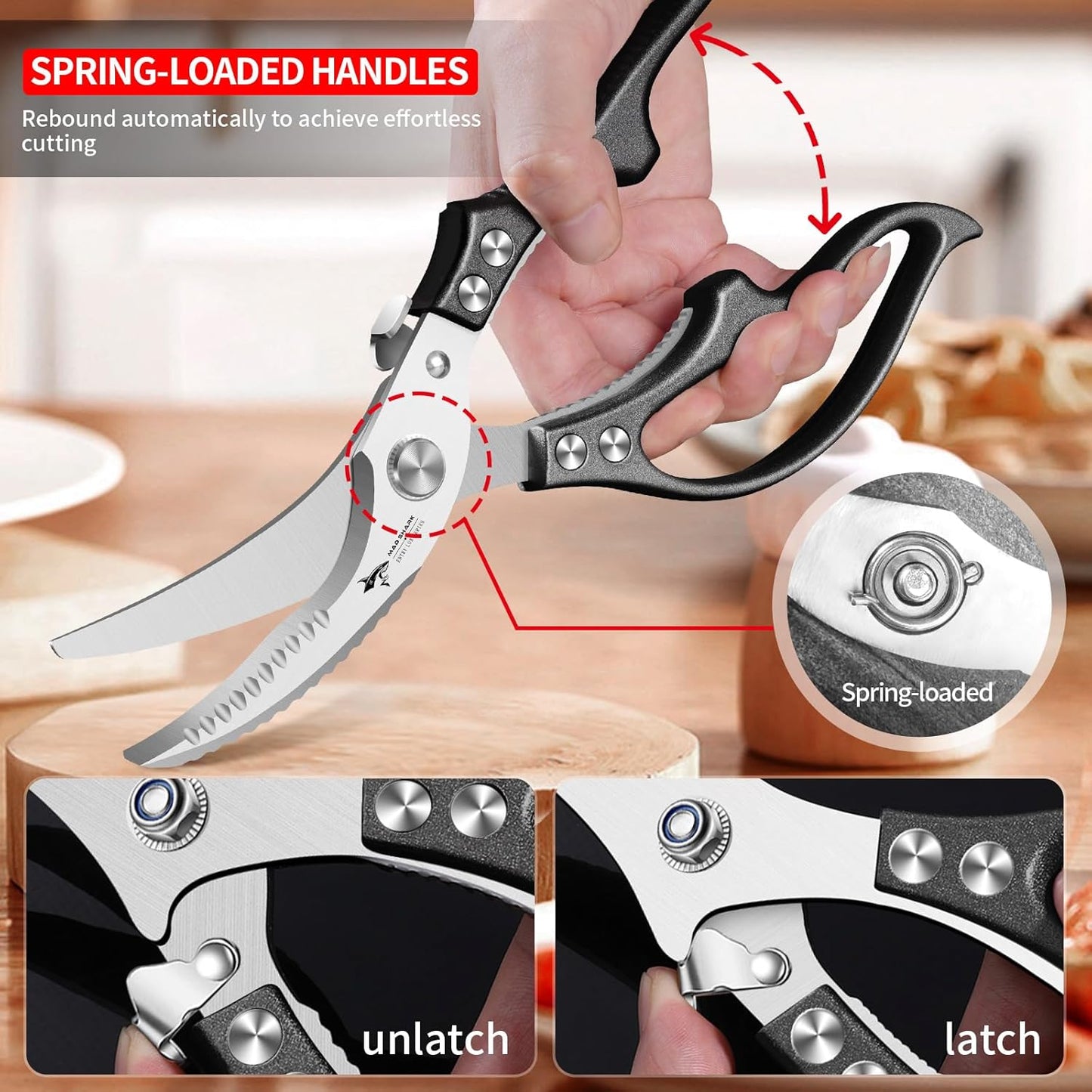 MAD SHARK Professional Heavy Duty Poultry Shears - Kitchen Shears for Spatchcocking Chicken and Meat Cutting, Multi-Purpose Kitchen Scissors for Food, Spring-loaded (Black)