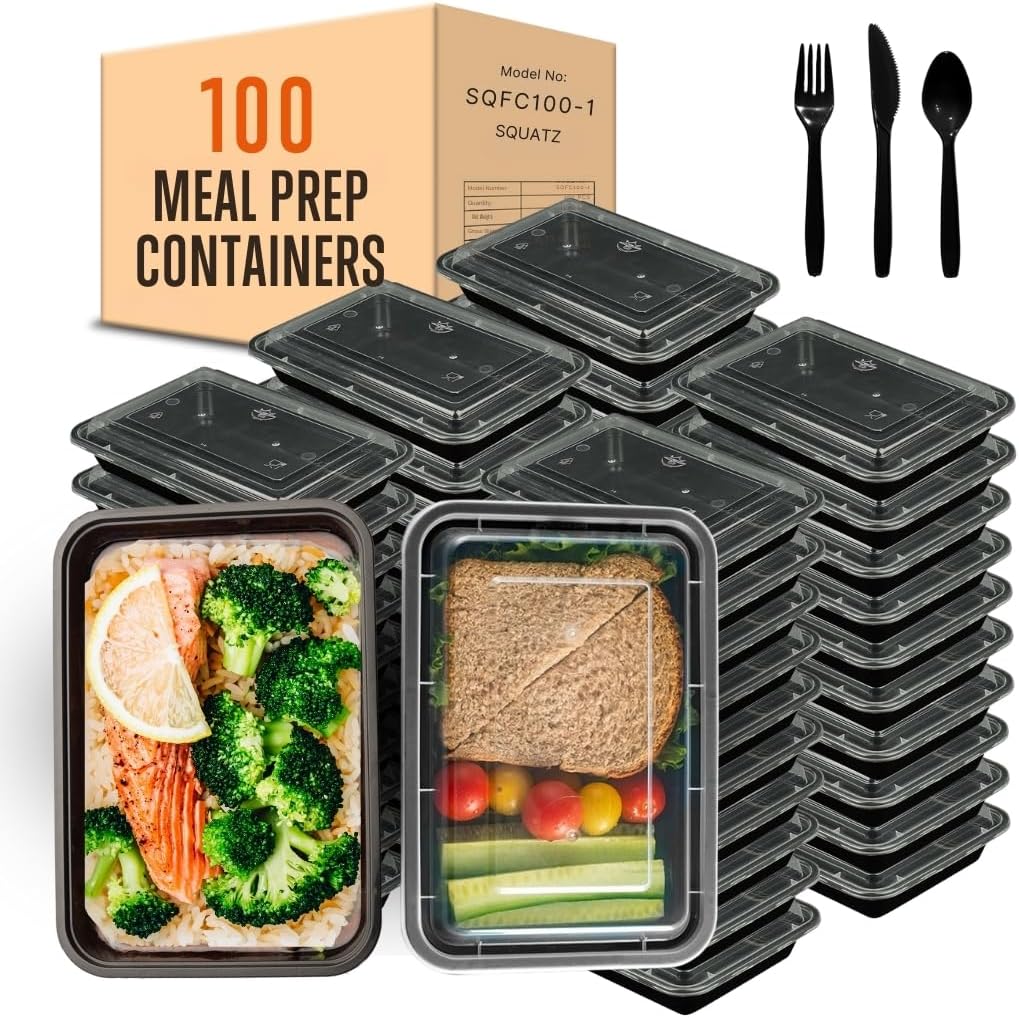 SQUATZ 100 Meal Prep Containers 33oz Reusable with Lid, Sturdy Leakproof & Food Safe, Microwave, Freezer, Dishwasher Safe Food Prep Containers To Go Take Out Plastic Storage BPA-Free Includes Utensils