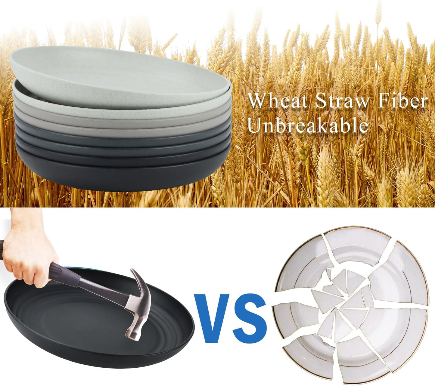 Wheat Straw Plates 9 Inch, Unbreakable Plastic Plates Reusable, Dinner Plates Set of 8, Lightweight Kitchen Plate, Dishwasher & Microwave Safe Plate for Outdoor, Camping, Picnic(Black, Grey)