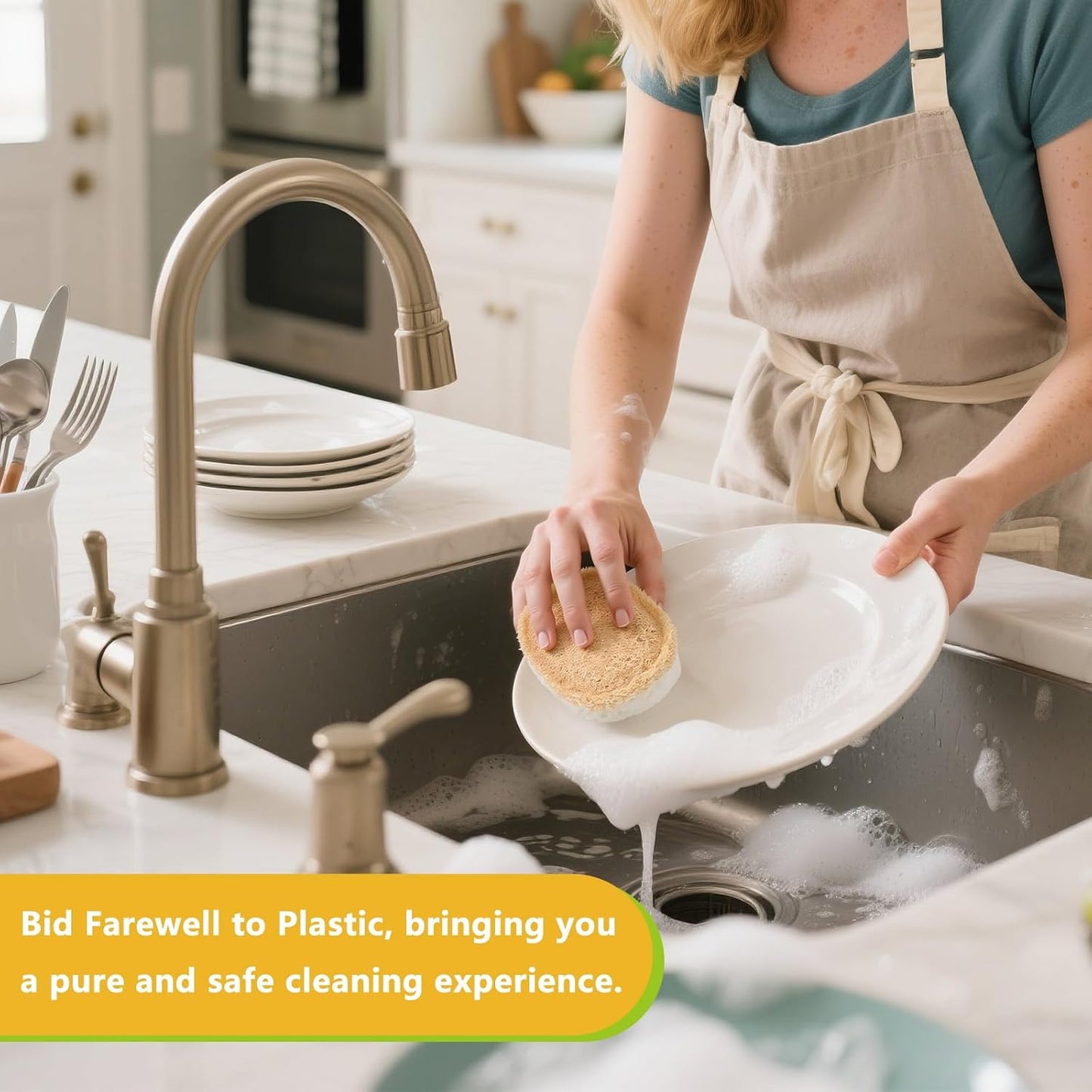 Natural Scrub Sponges Kitchen, Dual-Sided Loofah Dish Sponge - Plastic-Free, Scrubbing Power Without Scratching - 4 Pack White