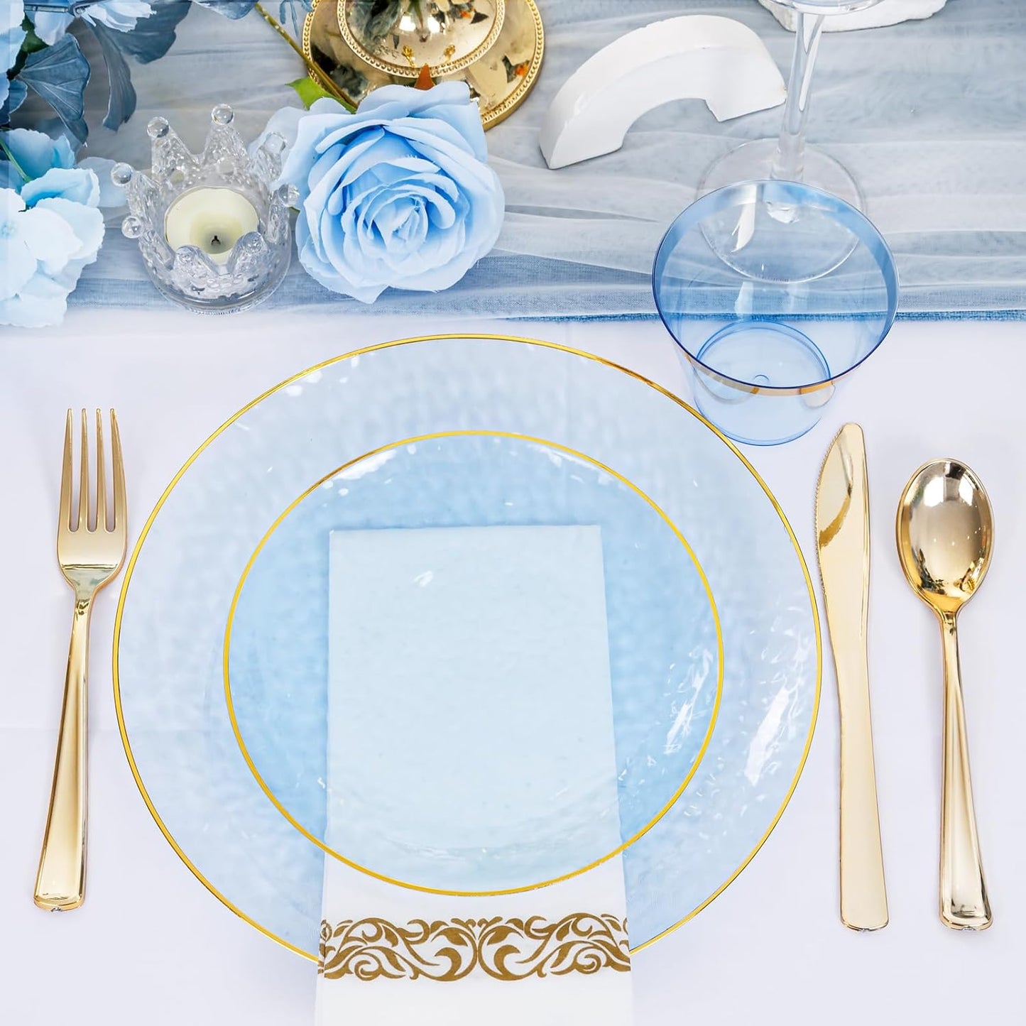 DaYammi 350PCS Clear Blue Gold Plastic Dinnerware Set for 50 Guests, Hammered Disposable Plates for Party, Include: 50 Dinner Plates, 50 Dessert Plates, 150 Gold Silverware, 50 Napkins, 50 Cups