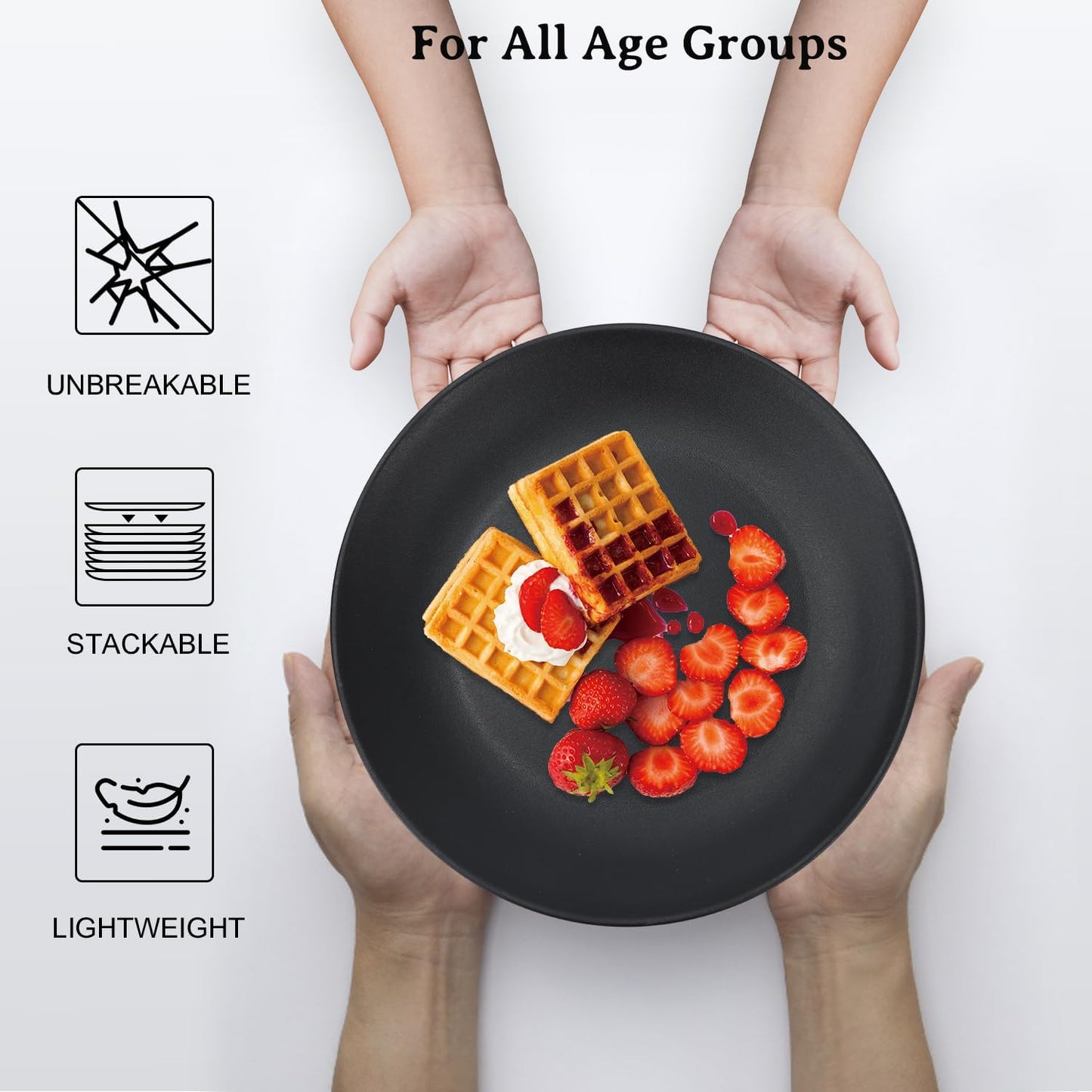 Wrova Wheat Straw Dinner Plates 9 Inch Unbreakable Set of 8 - Dishwasher & Microwave Safe Plastic Plates Reusable - Lightweight Plates for Kitchen,Camping,Apartment,Dorm,RV - Pure Black