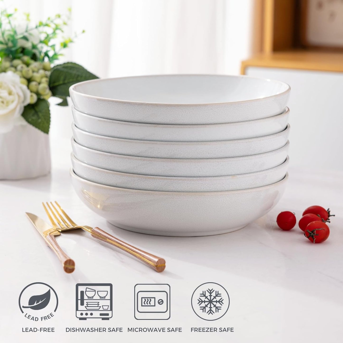 AmorArc 8.5'' Large Ceramic Pasta Bowls, 36oz Stoneware Pasta Serving Bowls Set of 6 for Kitchen, Wide Bowls for Pasta,Salad,Oatmeal, Microwave Safe, Reactive-Color