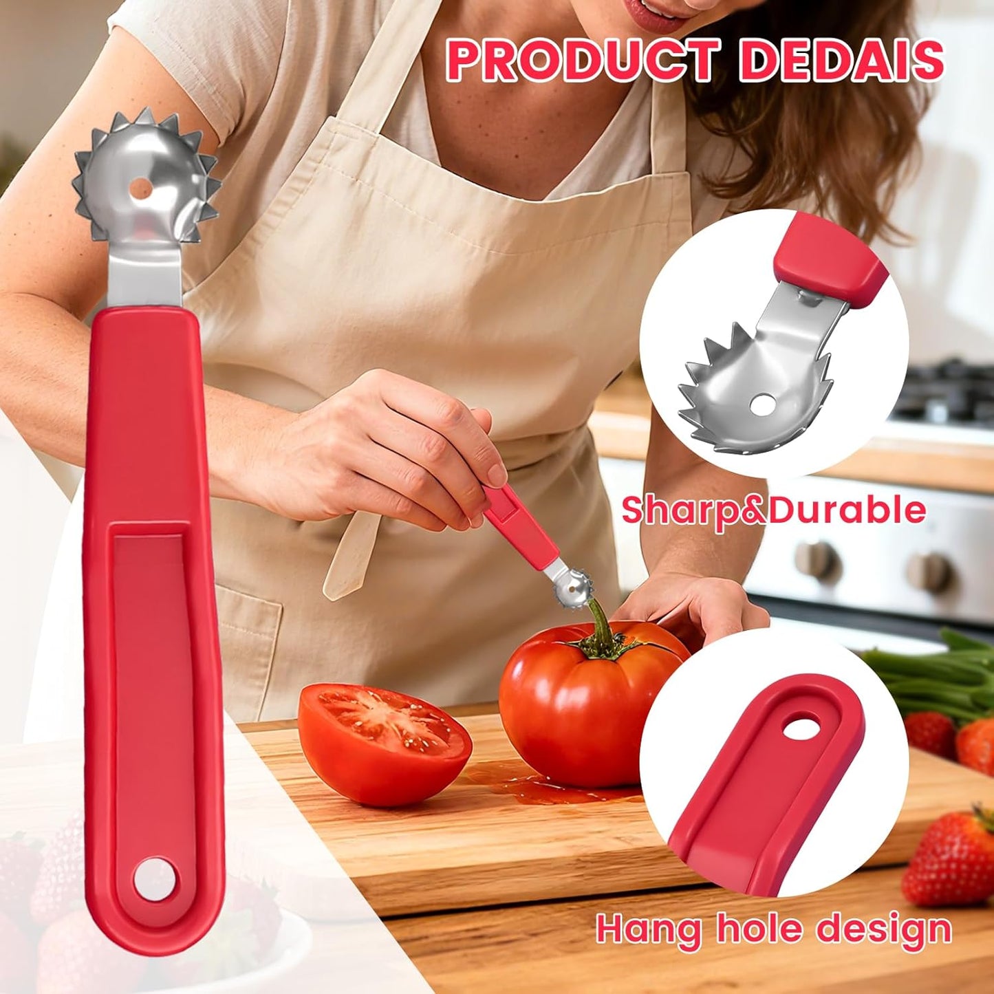 5 Pcs Tomato Corer Tool Strawberry Huller Stem Remover, Handle with hole, Stainless Steel, Fruit Corer Tool for Tomato Strawberry