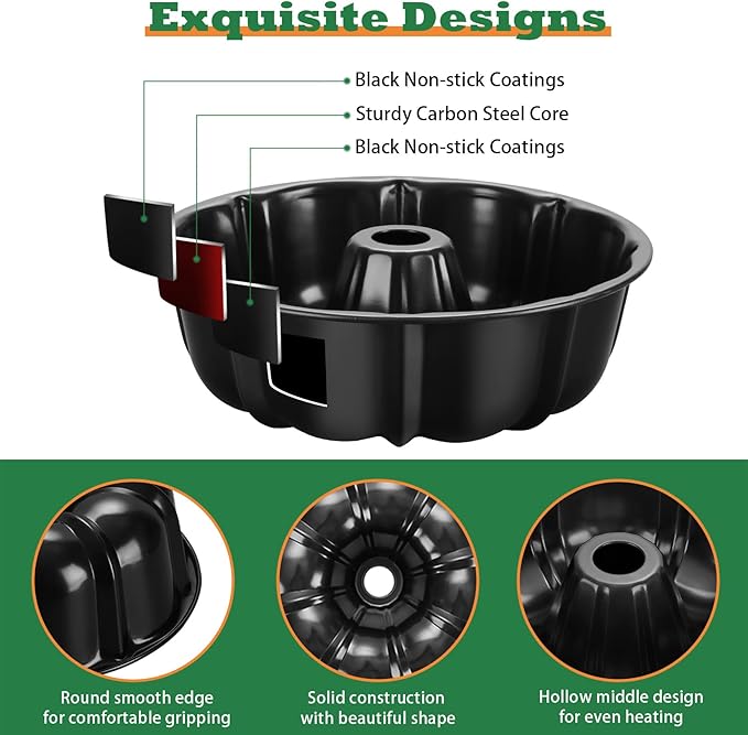 P&P CHEF 10 Inch Black Non-stick Cake Pan, Carbon Steel Fluted Tube Round Baking Pan for Pound Cake, 10-Cup Large Capacity Bakeware, Healthy & Heavy Duty, 2 Pieces