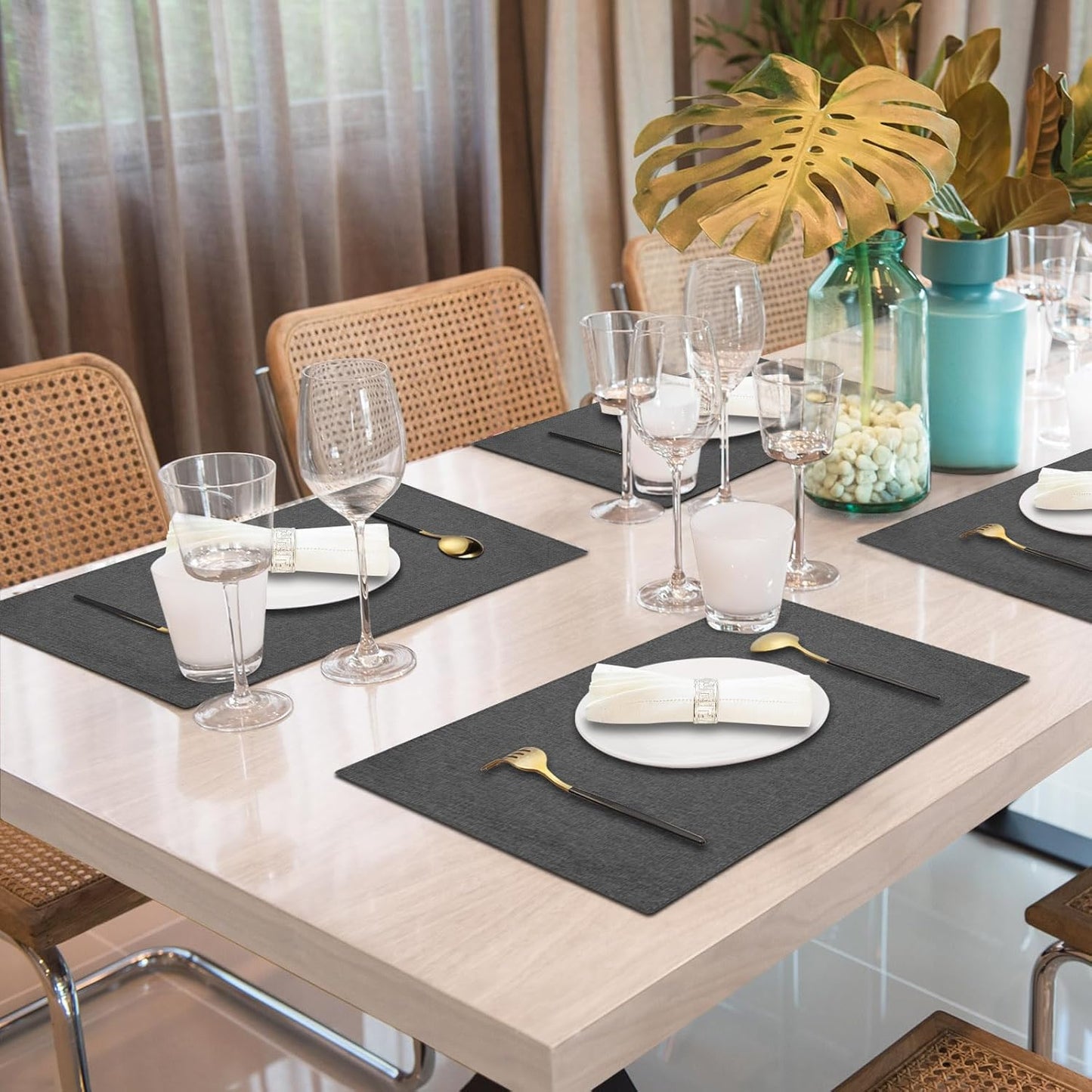 Cloth Placemats Set of 6, Cotton Linen Blend Machine Washable Double Layered Durable Place Mats Heat Resistant Placemats Wrinkle Free Thick Fabric Dining Table Mats (Dark Grey, 6)