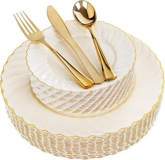 YOUBET 125PCS Scalloped Plastic Plates - Ivory Scalloped Disposable Plates - Gold Plastic Dinnerware Set Include 50 Plates, 75 Gold Silverware for Party & Wedding & Thanksgiving