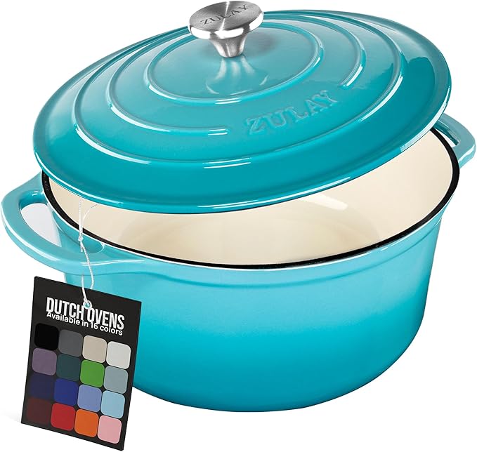 Zulay Kitchen 6 Quart Enameled Cast Iron Dutch Oven with Lid – Premium Durability & Oven Safe up to 500°F – Heavy Duty Cookware Perfect for Bread Baking, Stews, Braising & Roasting – Light Blue