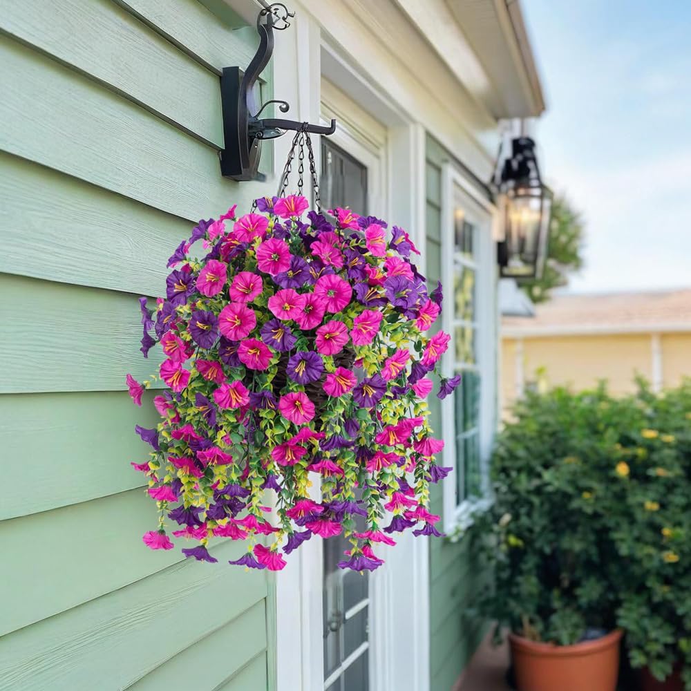 Jasion 4 Bundles Artificial Hanging Flowers Outdoor Realistic Morning Glory Silk Fake Plants UV Resistant for Porch Balcony Fence Decor (Purple&Rose Pink)