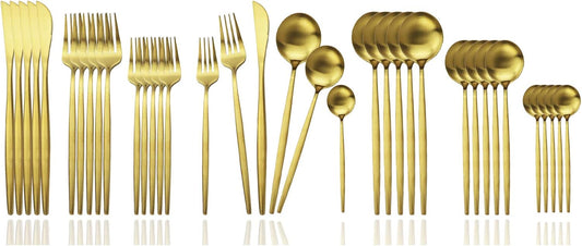 JASHII Silverware Set, 36 Piece Food Grade Stainless Steel Flatware Set Fork Spoon Knife Utensils for Daily Use and Party, Service for 6 Anti Rust, Safe in Dishwasher (Matte Gold)