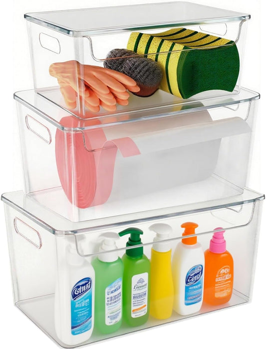 3 Pack Trash Bag Organizer Under Sink, Stackable Plastic Garbage Bags Holder with Lid, Trash Bag Dispenser Roll Storage for Kitchen, Pantry & Laundry Room Organization